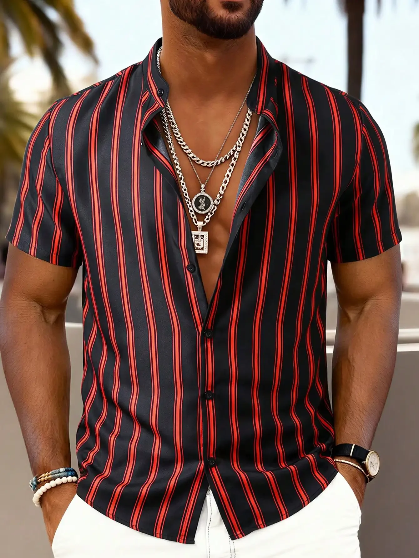 

Mens Vertical Striped Button-Up Short Sleeve Casual Shirt