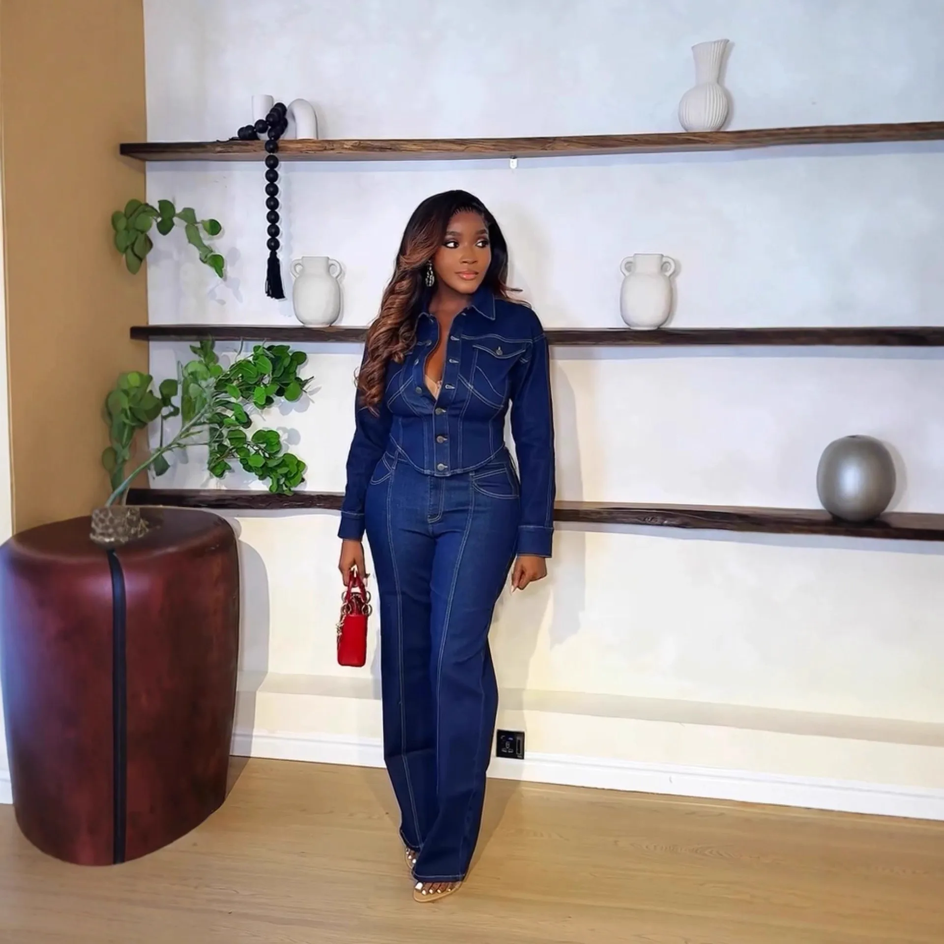 

Spring Women's Clothing Two Piece Set Long Sleeve Denim Shirt Wide Leg Pants Matching Sets For Woman Streetwear Casual Wear