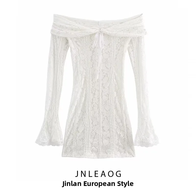 فستان نسائي جديد من JNLEAOG لفصل الخريف بتصميم عصري بكتف واحد ودانتيل قصير على الطراز الفرنسي بخصر مرتفع وأكمام طويلة من البو... #4