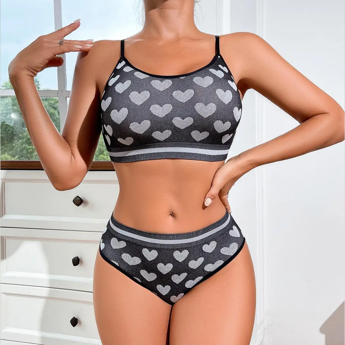 

Cross-Border Women's Bra Set Heart Print Thin Strap Adjustable Gathered Top And Panties Underwear Ensemble Autumn Seven-Quart...