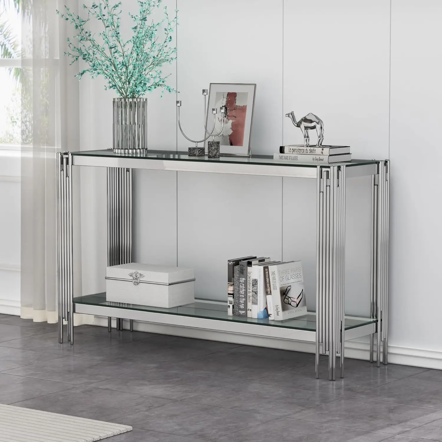 55 Inch Modern Luxury Console Table Clear Glass Sofa Table w/Silver Stainless Steel Pipe Frame, 2-Layer Accent, Customized