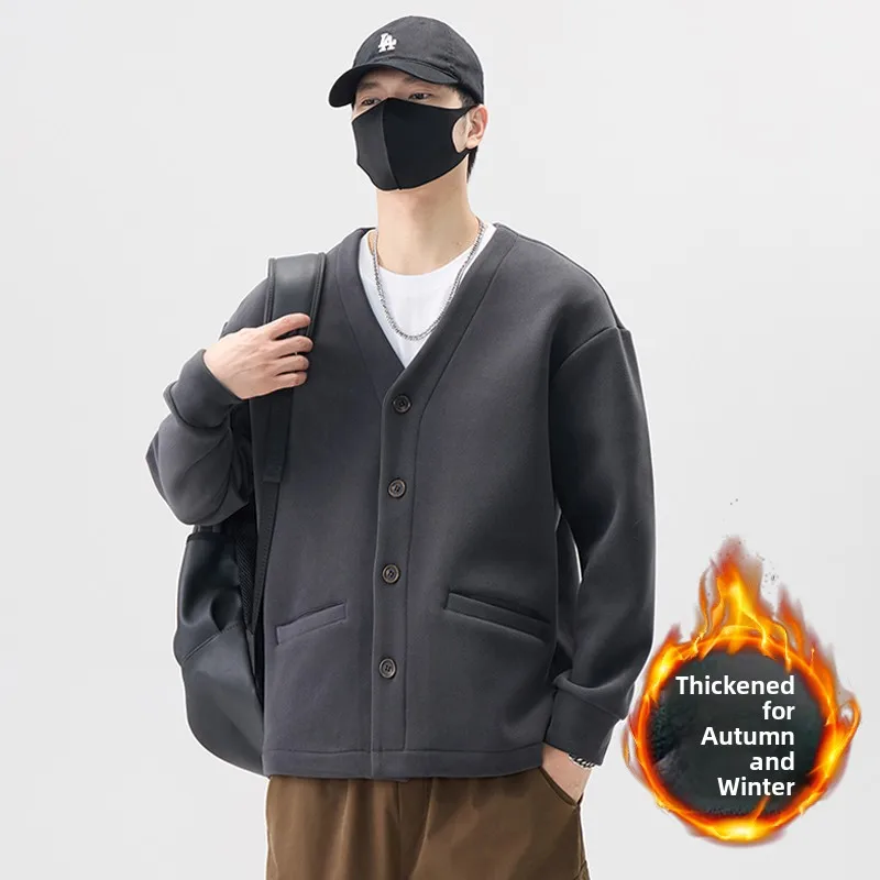 

Новинка 2024: Мужской утепленный двусторонний флисовый свитшот с V-образным вырезом, свободный крой, для ношения под одеждой, повседневный, с длинным рукавом, осенне-зимний топ