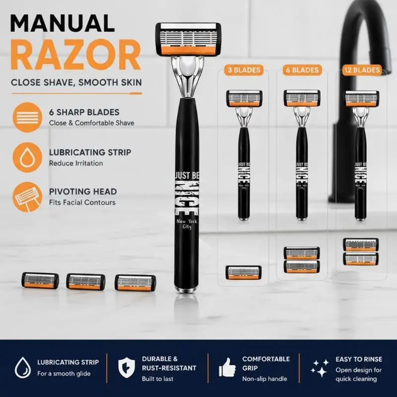 Mens Manual 6 Blade Razor 18 Replaceable Refills Custom Color Ideal