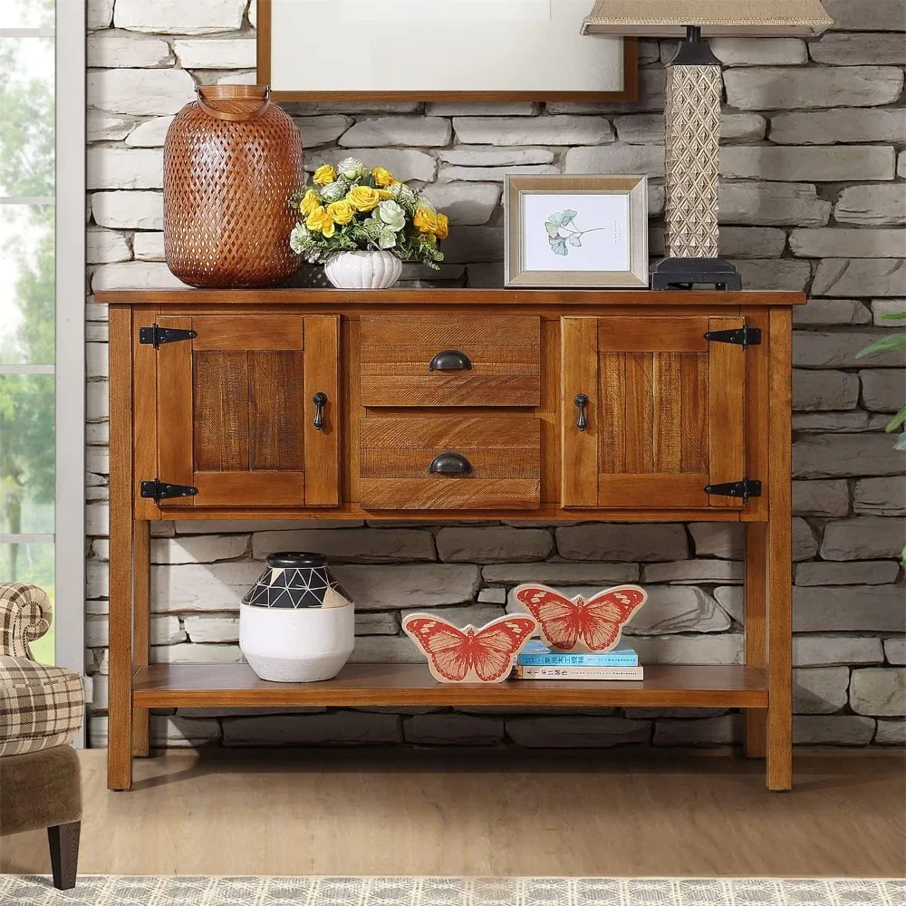 

48" Solid Wood Buffet Sideboard,Farmhouse Console Table with Bottom Shelf,Retro-Style Storage Cabinet for Entryway,Living Room