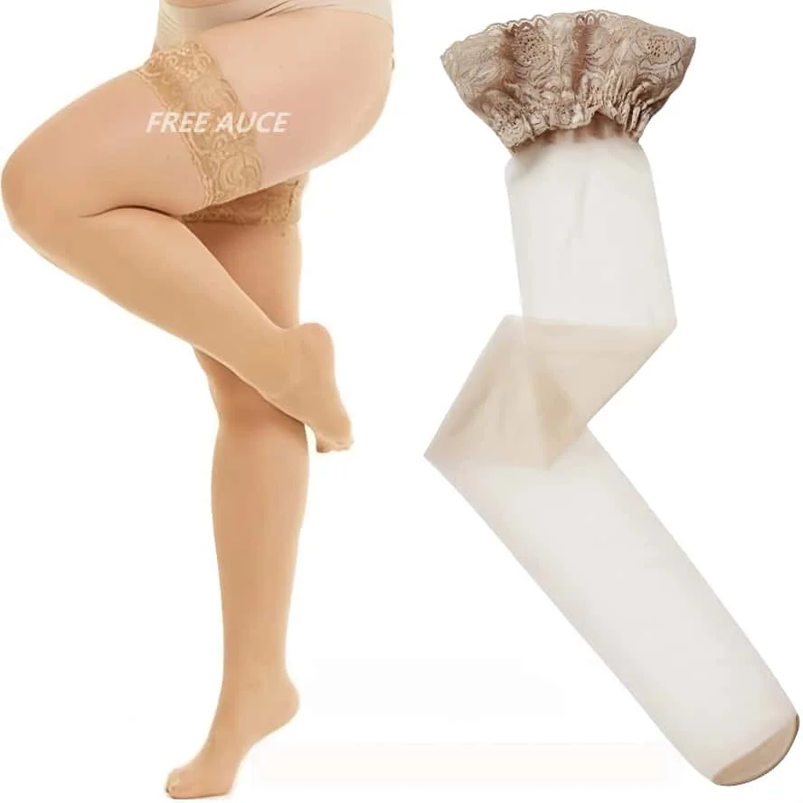 

FREEAUCE Elastic Over Large Plus Size Lace Thigh High Knee Black Stockings Sexy Fishnet Stocking Long Socks for Office Women XL
