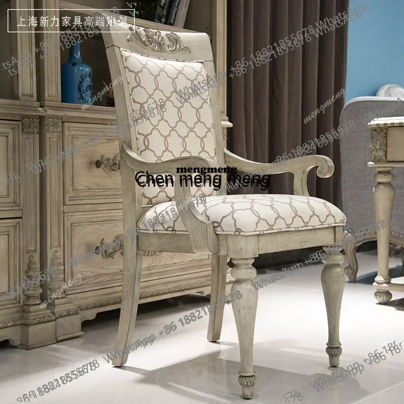 

American French White Distressed Vintage Desk Solid Wood Carved Roman Columns Inline Study Desk