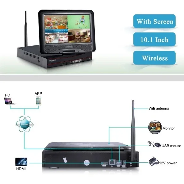 4chs 1080P Wifi NVR พร้อมระบบกล้องรักษาความปลอดภัยภายในบ้านขนาด 10.1 นิ้วไร้สาย