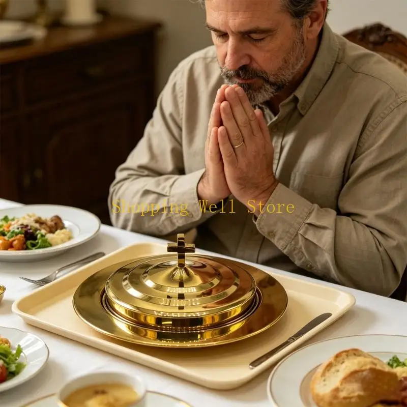 KX4B Gold Communion Serving Tray With Lid For Religious Ceremonies 27Cm