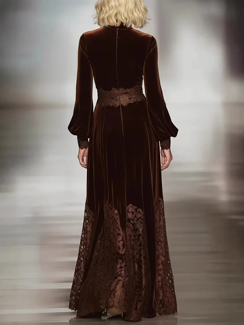 Alternative view of 2026 elegante vestido de terciopelo para mujer primavera otoño Vintage sólido cuello alto dobladillo de encaje vestido largo cintura alta A-line vestidos de noche
