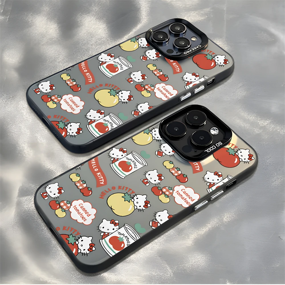 Cute Sanrio Hello Kitty and Tomato Phone Case for iPhone 16 11 12 13 14 15 Pro Max XR 8 Plus Dual Layer Hard Plastic Matte Cover