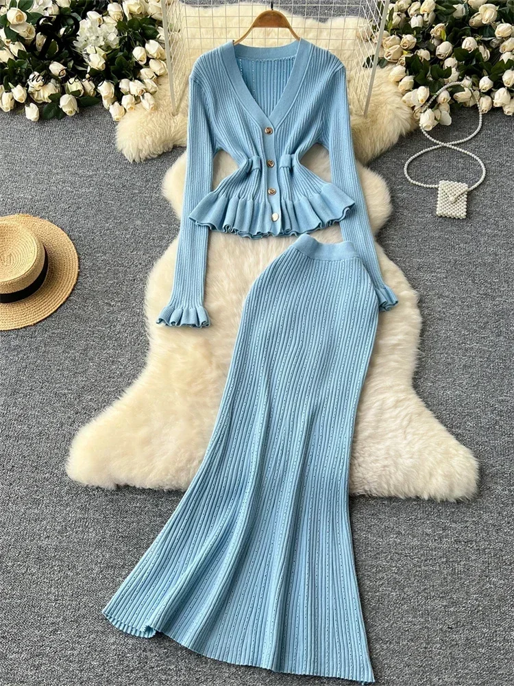 Autumn Korean Gentle Sweater 2 Piece Set Women Solid V-Neck Cardigan + High Waist Long Skirt Female Knitted Slim Elegant Suits