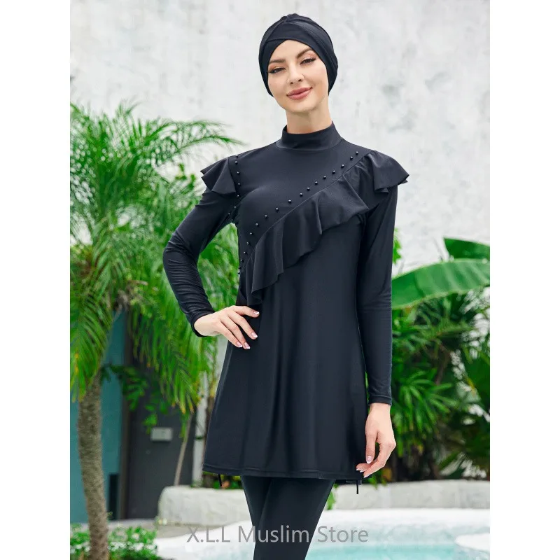 

3 Pieces Set Femme Long Sleeve Muslim Swimsuit Conservative Summer Holiday Beach Women Swimwear With Hijab Bathing Burkini+Bra