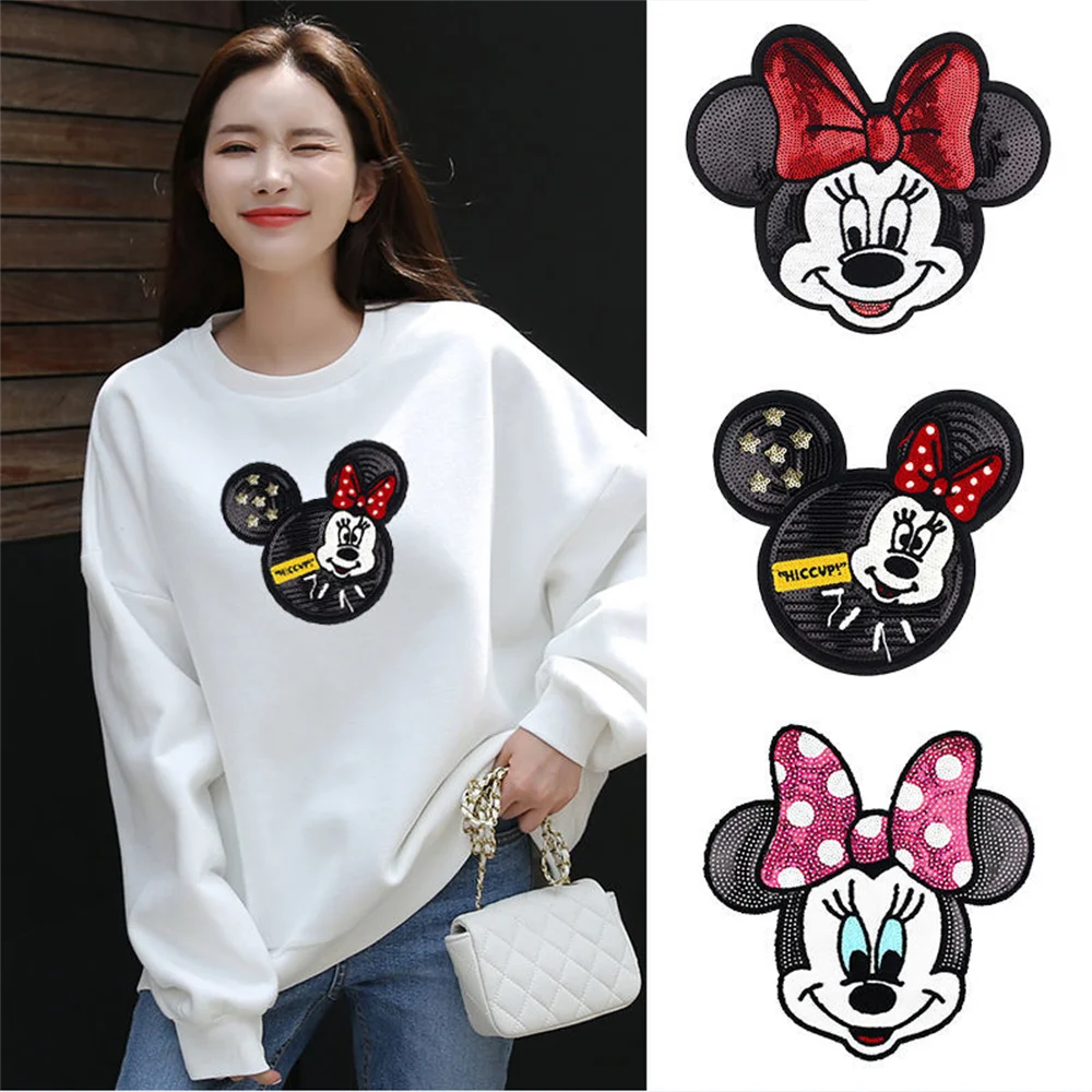 Disney Cartoon Embroidered Patch for Clothing Large Minnie Mouse Image Stickers on Clothes Baby Sleep Bag Patches for Clothing