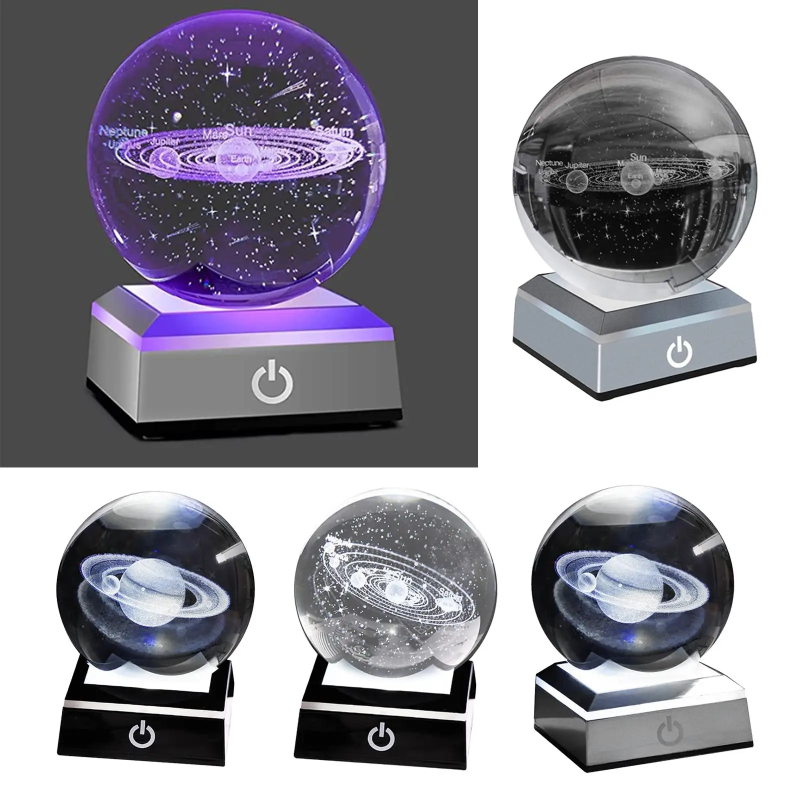 8cm Engraved with a Touch Switch LED Light Base Cosmic Model 3D Miniature Planets Model Sphere Glass Globe Ornament