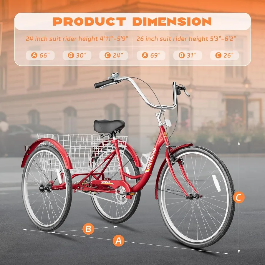 دراجة ثلاثية العجلات للكبار مع سلة كبيرة 24 26 بوصة دراجة كروز مستقرة 3 عجلات للتسوق على الشاطئ وركوب المدينة مثالية للرجال والنساء #5