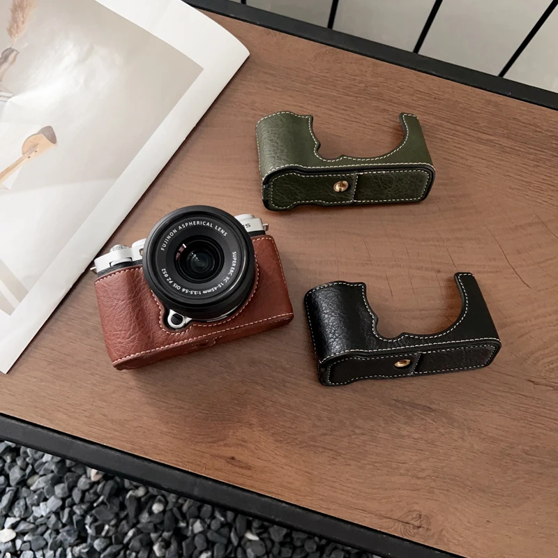 Buffalo Pattern PU Leather Case Camera Bag Half Body Base for Fujifilm X-M5 Fuji XM5 Protective Opening Bottom Cover with Strap