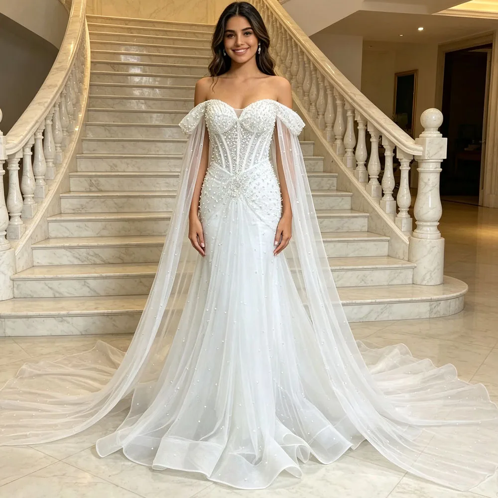 Charming Sweetheart Off Shoulder Lace Up Back Wedding Dress Beading Customized Bridal Dress