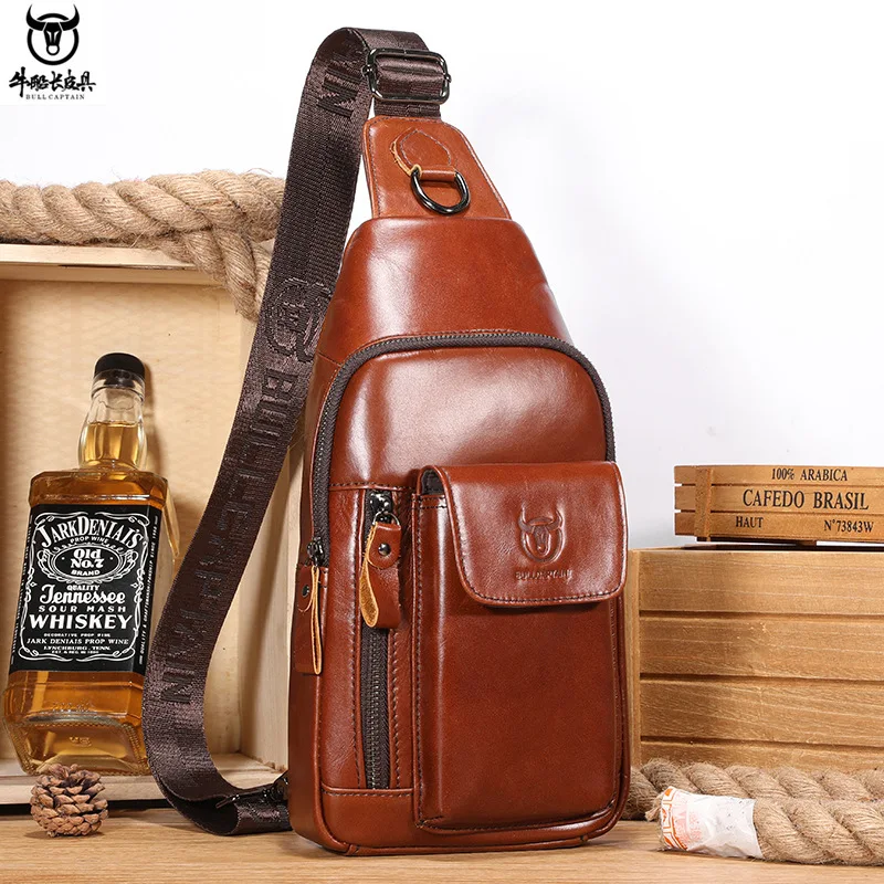 

BULLCAPTAIN leather top leather chest bag slung over one shoulder and inserting mobile phone bag fashionable multifunctional.