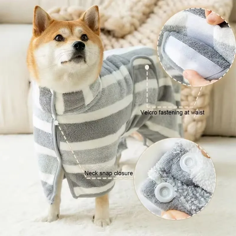 BOOTEELY Pet Polyester Coral Fleece Bathrobe Gray White Stripe Style Size L (Vacuum Packaging)