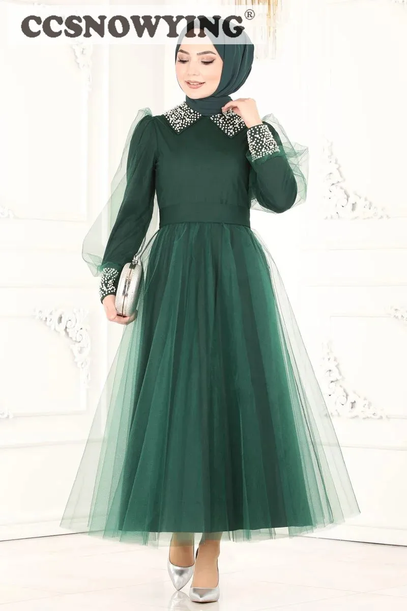 

Ankle Length Long Sleeve Muslim Evening Dresses Pearls Islamic Hijab Prom Dress Women Formal Party Gown Saudi Arabia Kaftan