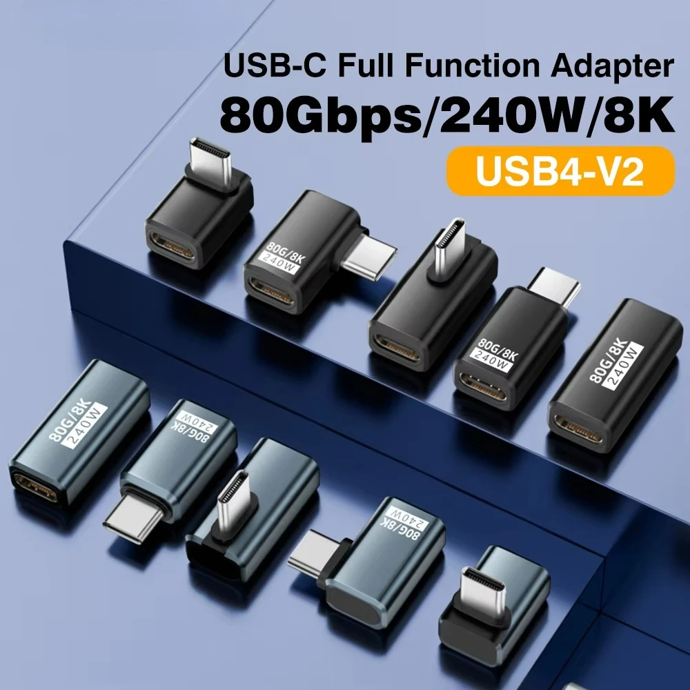 USB4 V2 90 Degree Type C Angle Adapter 80Gbps Thunderbolt 5 4 3 Elbow Adapter 240W USB-C Cable Connector 40Gbps for MacBook Air