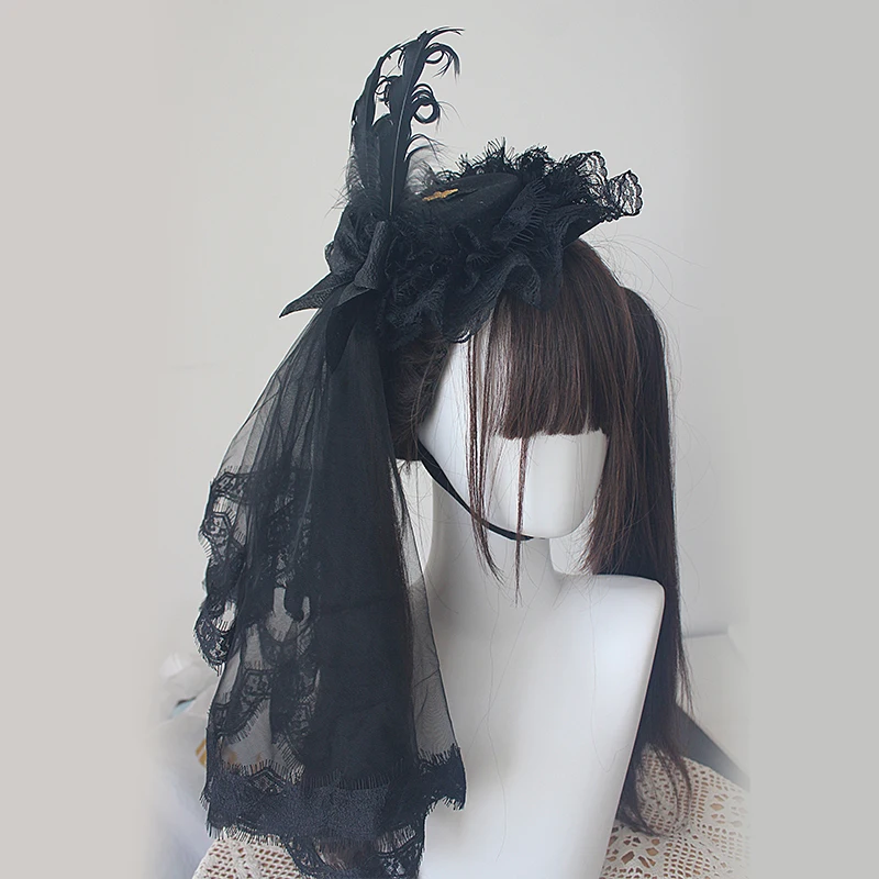 Pinzas para el cabello de plumas blancas y negras góticas, accesorios para el cabello para Cosplay de Lolita, sombrero de copa pequeño con lazo, tocado con horquillas