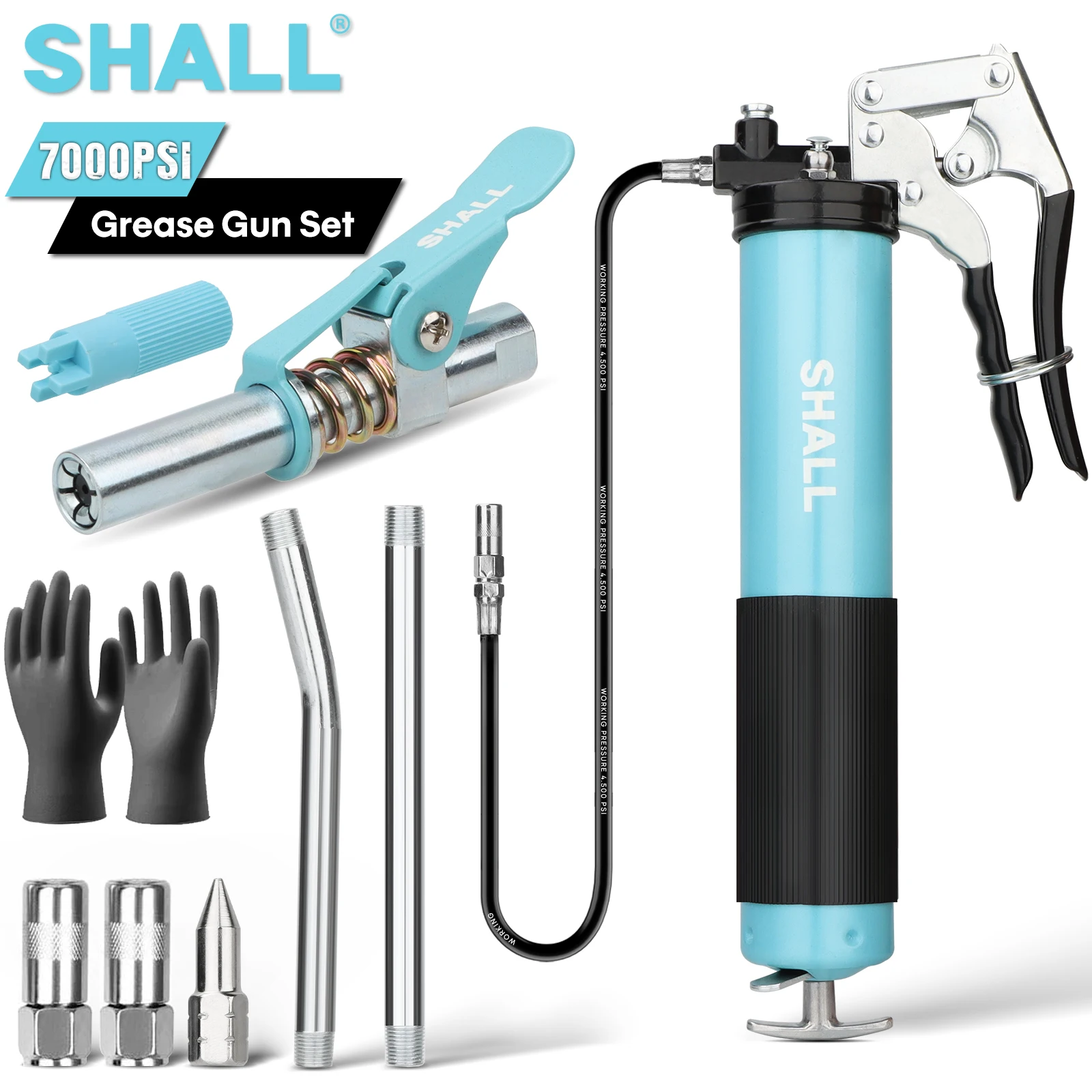 SHALL Heavy Duty Grease Gun kit 7000 PSI Pistol Grip Gun Set 400cc Lubrication Syringe for Oil And Car Lubrication SUV Trucks