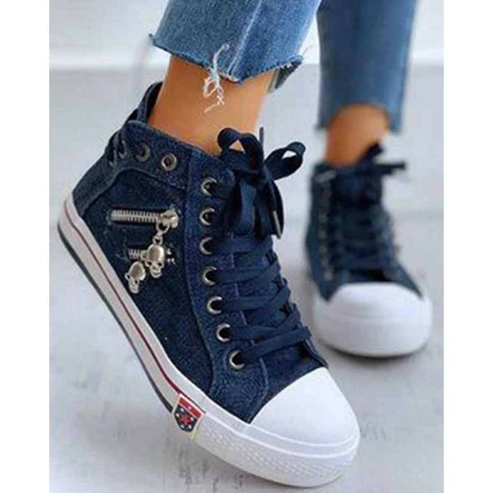 Women Denim Eyelet Lace-up Zipper Design Skull Decor Canvas Shoes Spring Autumn Tenis Casual Sports Sneakers Running Korean