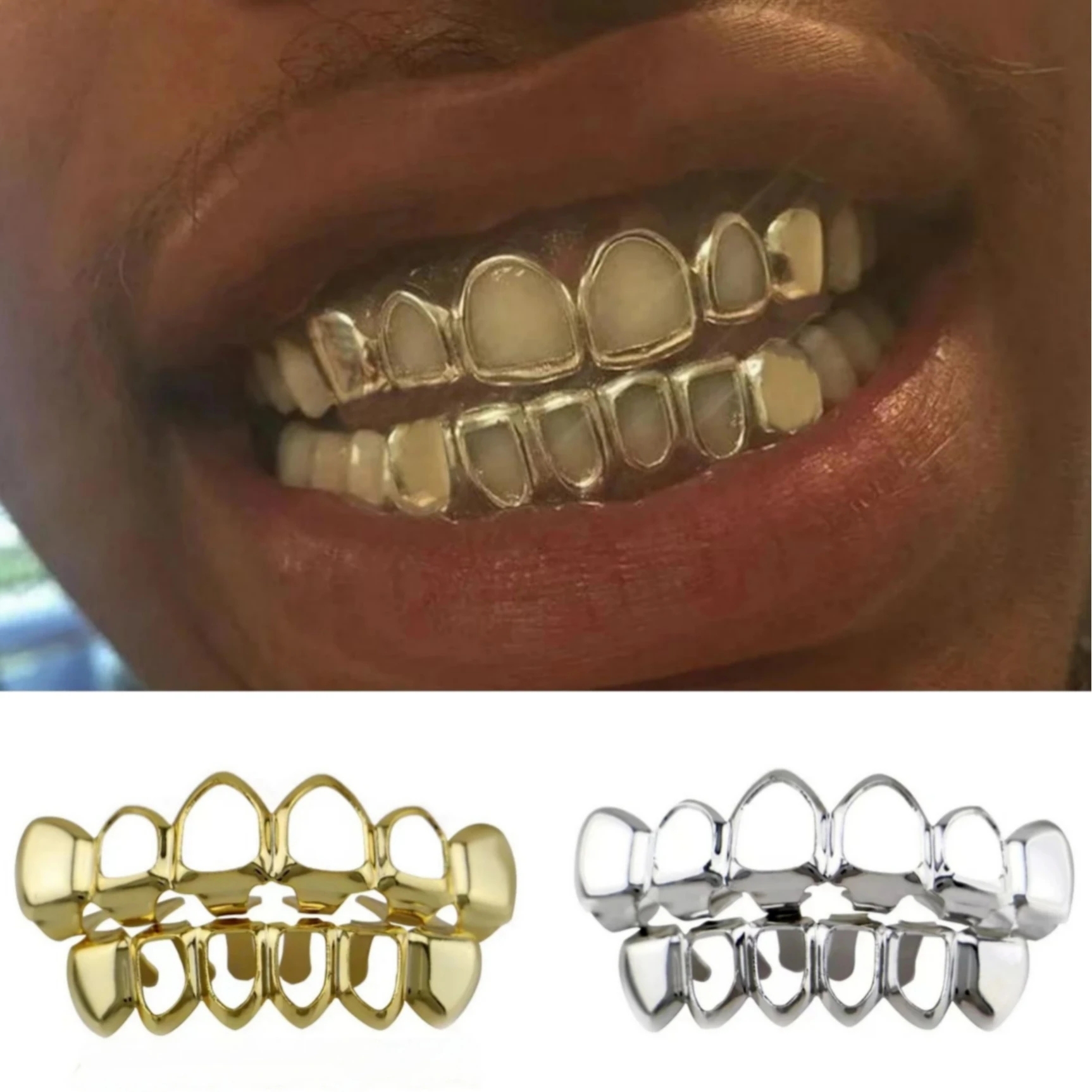 Classic 4 Hollow Teeth Grillz 6/6 Set Hip Hop Gold Silver Seven-Solored Tooth Caps Unisex Jewelry for Cosplay