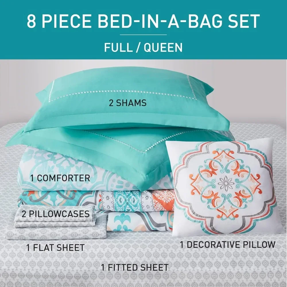 Beding Set, Microfiber 8 Piece Bed in A Bag with Side Pockets, Matching Decorative Pillow, Bedsure Comforter Sets