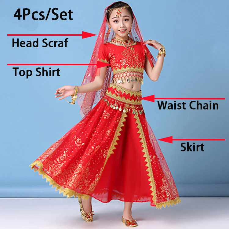 Trajes indianos de dança do ventre para crianças, Menina Oriental Indin Dress, Bollywood Performance Clothes