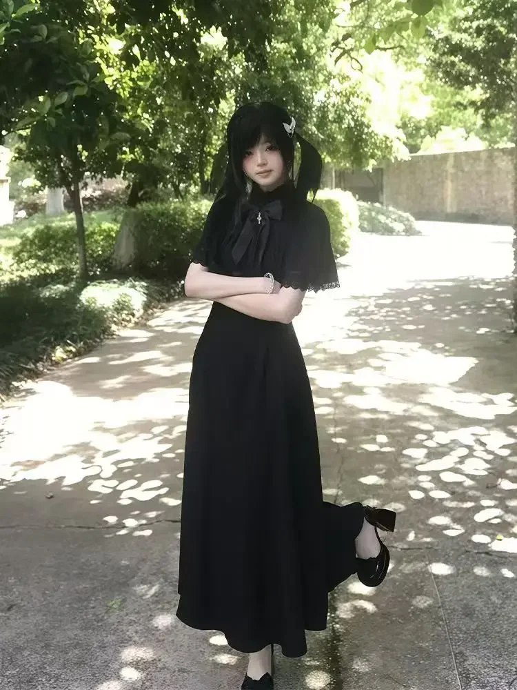 2025 여름 슬림 레이스 드레스 여성 하이 스트리트 빈티지 보우 얇은 블랙 드레스 여성 패션 디자인 새로운 솔리드 의상