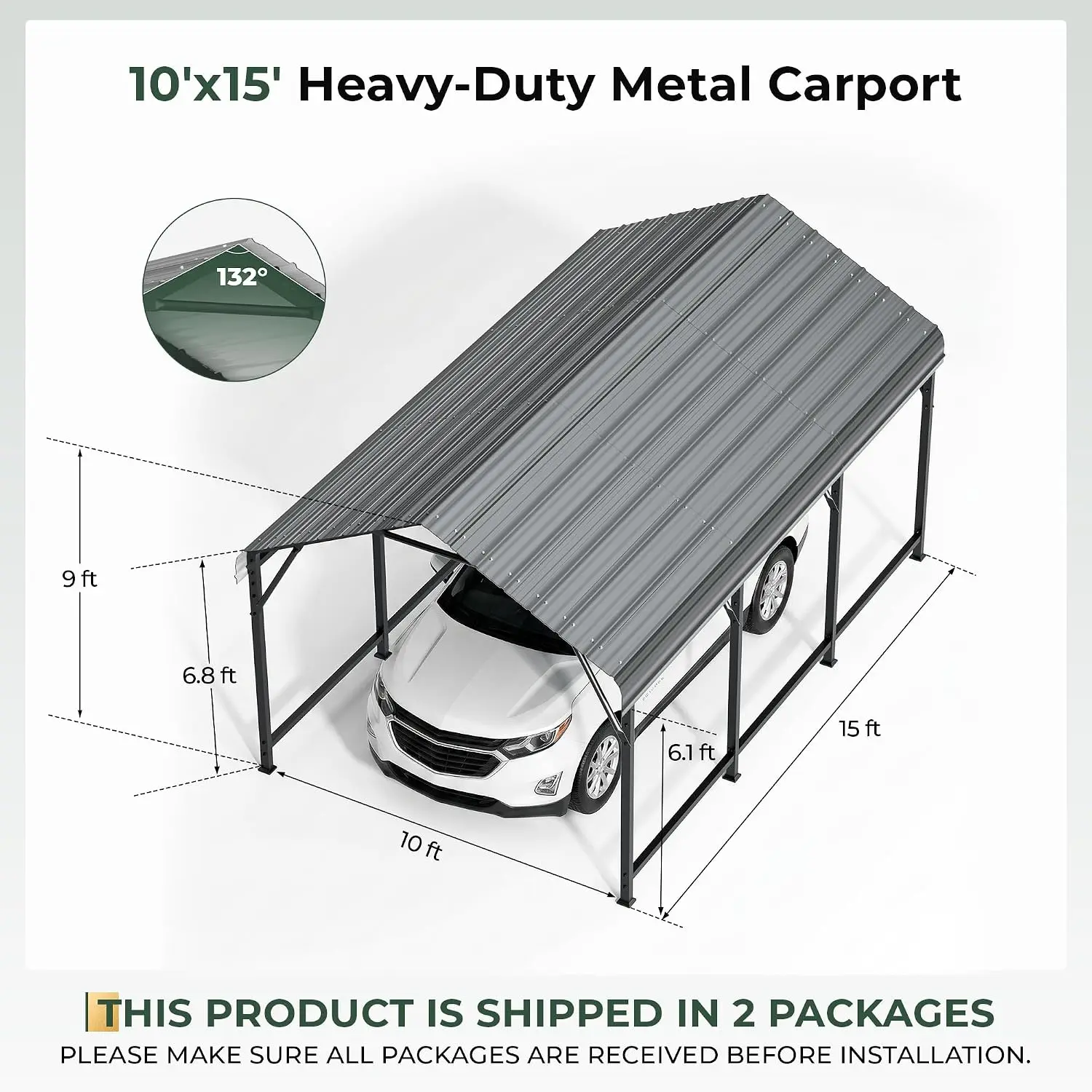 Metal Carport 10x15 FT Carport Kits with 132° Anti-Pooling Roof | Heavy Duty Carports Galvanized Steel, Outdoor Car, Customized