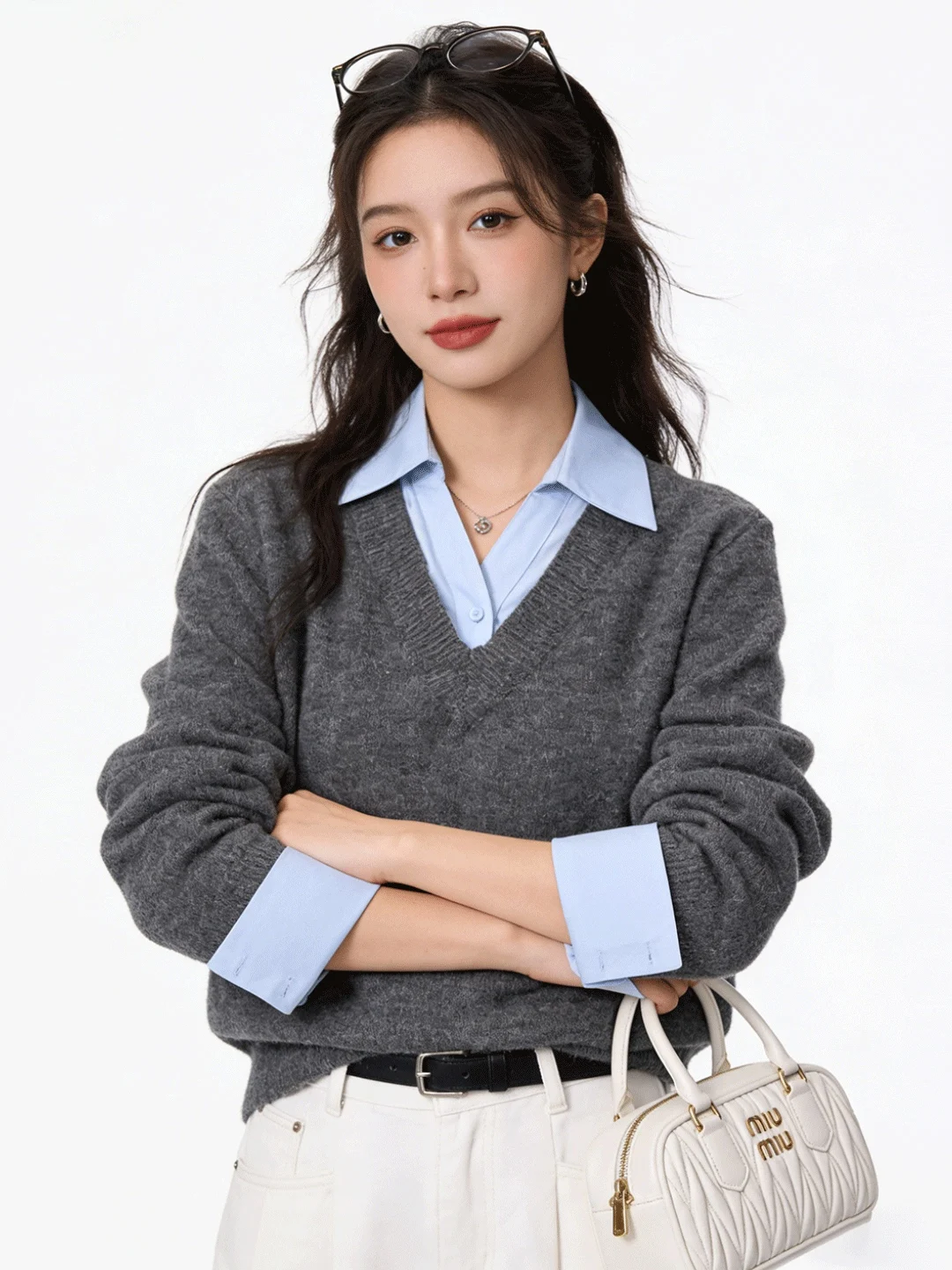 

Spring New Arrival Skin-friendly Knitted Shirt Collar Splice College Style Versatile Sweater Casual Loose Fit Long Sleeve Pol...