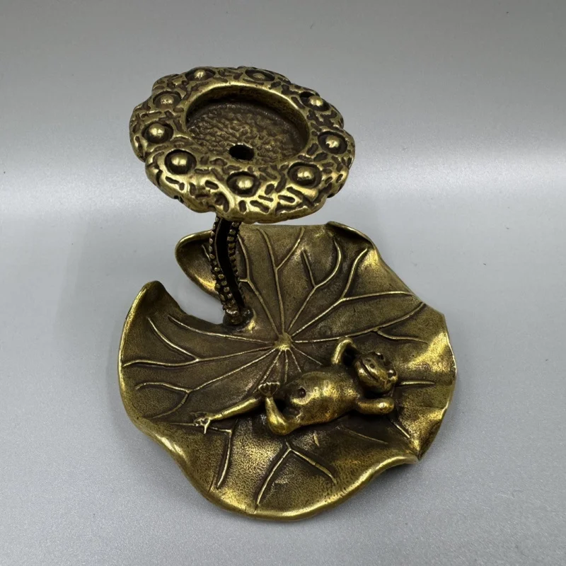Antique Collectible Bronze Lotus Leaf Frog Burner Ornament, Pure Brass Backflow Incense Creative Decoration