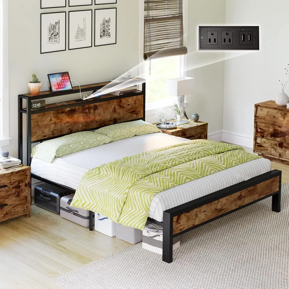 Full Bed Frame, with 2-Tier Storage Headboard and Charging Station/No Box Spring Needed/Noise Free, Easy To Assemble, Bed Frames