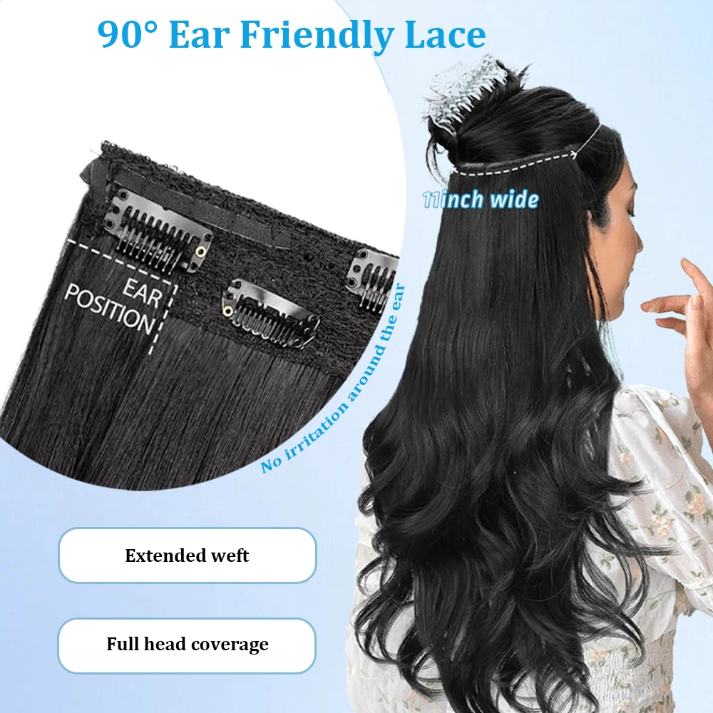 20 Inch Black Long Wavy Invisible Wire Synthetic Hair Extensions, Transparent Adjustable Headband Hair Extensions with 4 Secure