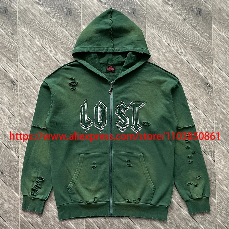 

New Style Lost Intricacy Hoodie Vintage Casual Ripped Hole Hot Diamond Zipper High-quality Lost Intricacy Hoody Sweatshirts