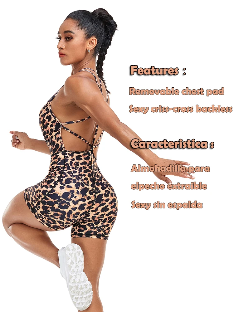 Leopard Print Playsuit Shorts Women Crisscross Backless Bodysuit Fitness Gym Athletic Active Sport One Piece Sportswear Jumpsuit