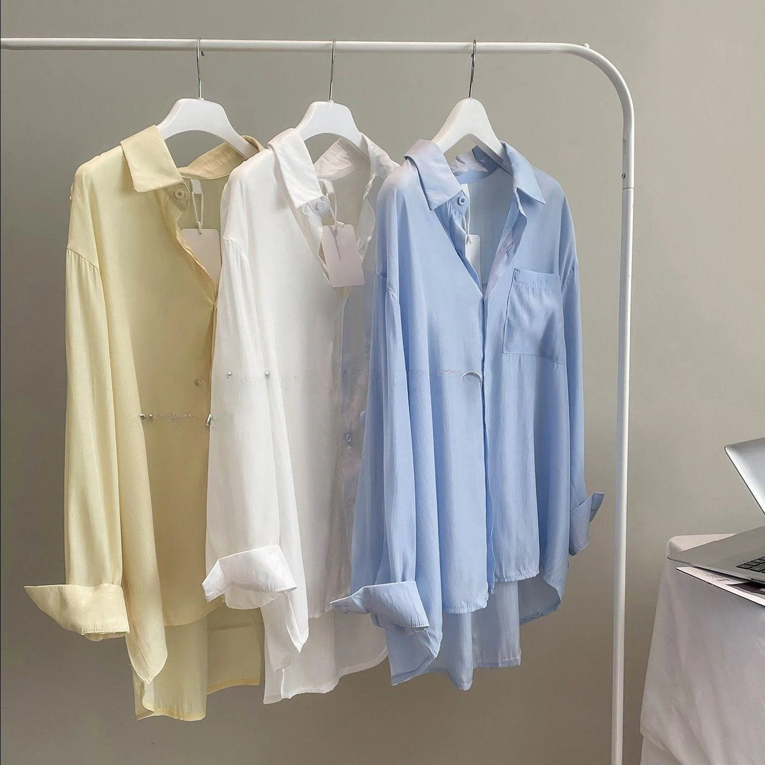 Blue Women's irt Casual Loose Fit Long Sve Button down  Ne Pure Color Spring Autumn Large Size Tagl Design