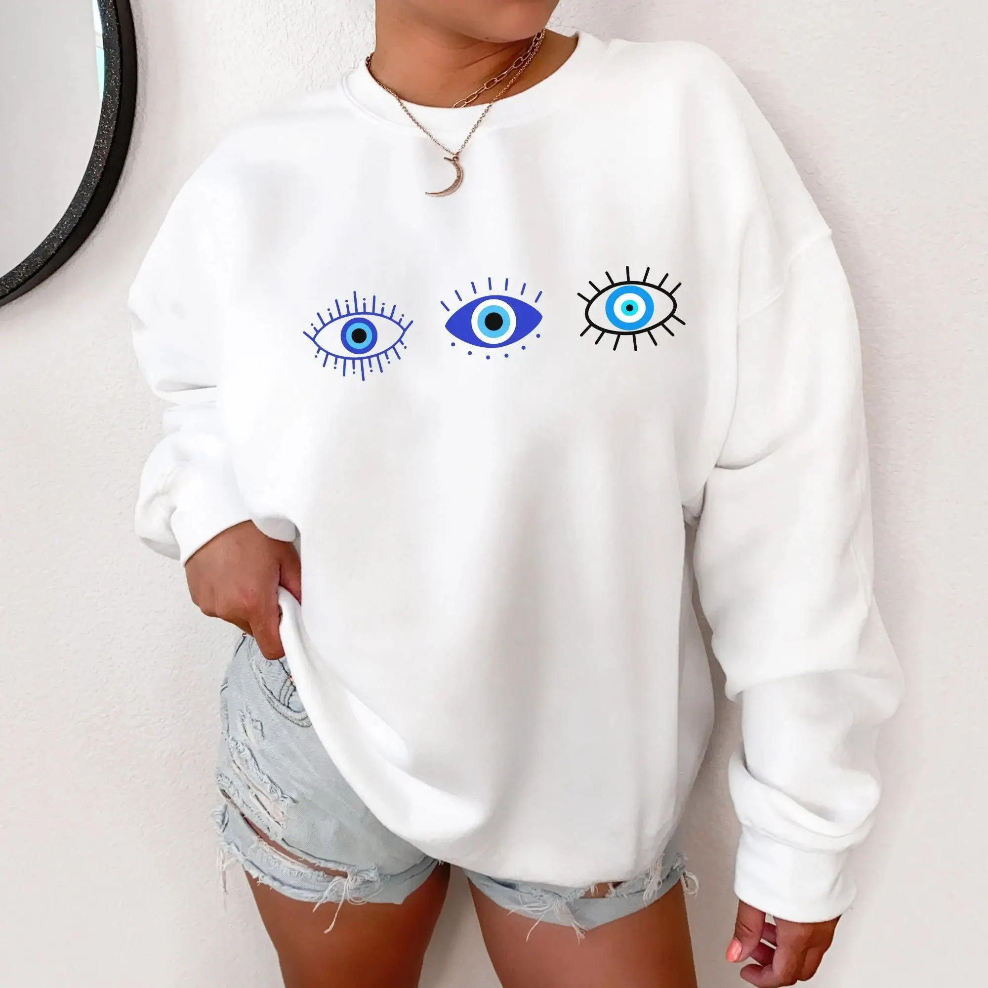 Colored Evil Eye Gothic Sweatshirt Funny Women Fashion Grunge Unisex Streetwear Aesthetic Casual Outfit Jumper Fit Pullovers Top