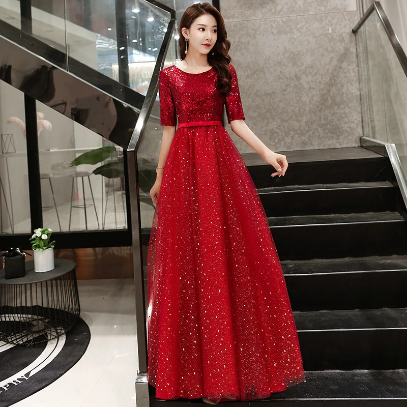 SWS-108H#Evening Dresses Long Lace Party Prom Graduation Homecoming Dress Red Gold Sequins Wholesale Free ship Customized Girls