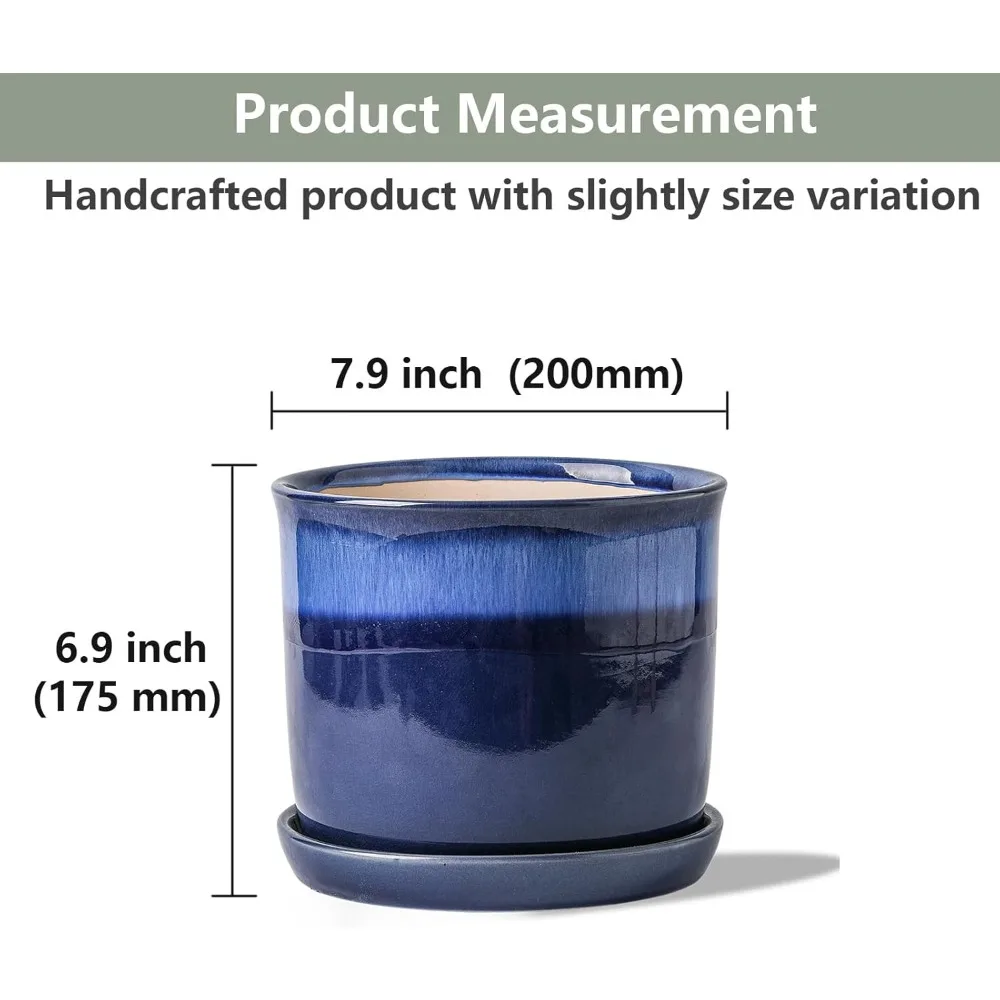 

8-дюймовый керамический горшок для растений с дренажным отверстием и блюдцем — синяя реактивная глазурь для комнатных и уличных растений, домашнего офиса