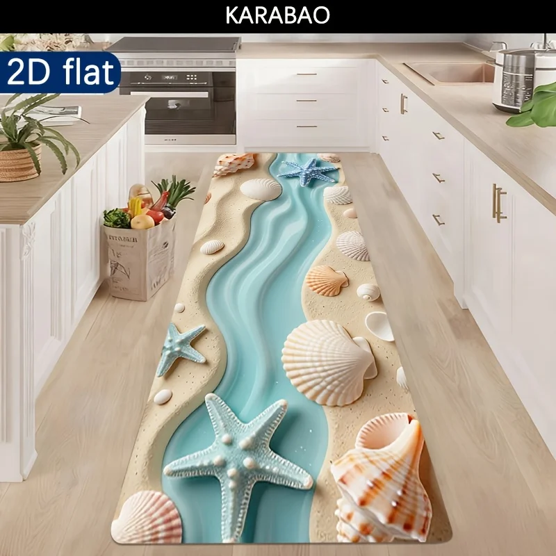 3D Beach Wave Starfish Shell Runner Mat Anti Slip Absorbent Rug Coastal Ocean Decor Carpet for Kitchen Sink Cooking Laundry Room