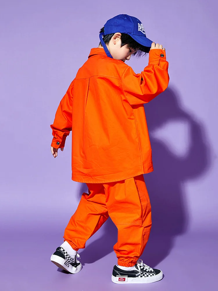 女の子オレンジヒップホップ服プリントジャケットトップカーゴパンツ子供男の子ジャズダンス衣装服