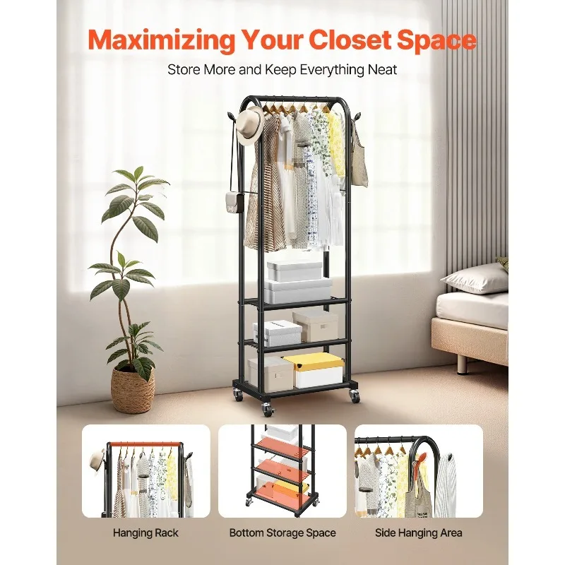 

【From China】 Clothes Rack Rolling Clothing Garment Rack with Hanging Rod and Side Hooks Storage Shelves Carbon Steel for Bedroo
