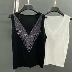 Women's Vest Diamonds Summer Rhinestone Hot Drill Suspender Vest Ladies Inner Layer Slim Sleeveless V-neck Outer Wear Tank Top