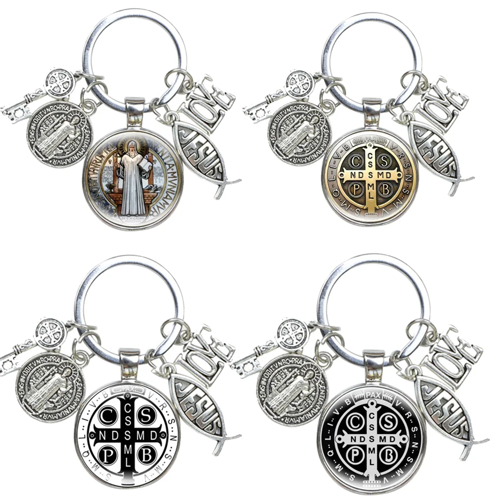 Saint Benedict Medallion Keychain Religious Jewelry I LOVE JESUS Alloy Crafts Charms Domed Glass Catholic San Benito Key Ring