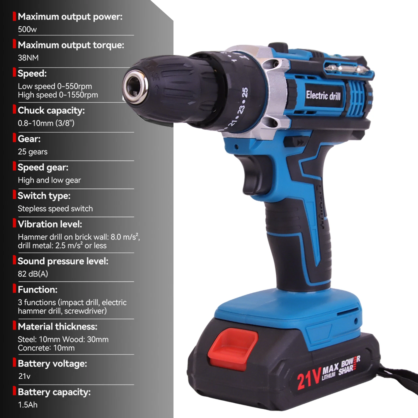 

2026 New Electric Impact Drill 25+3 Torque Cordless Hammer Drill Power Tool For Makita 18V Battery Pin Multifunctional Blue