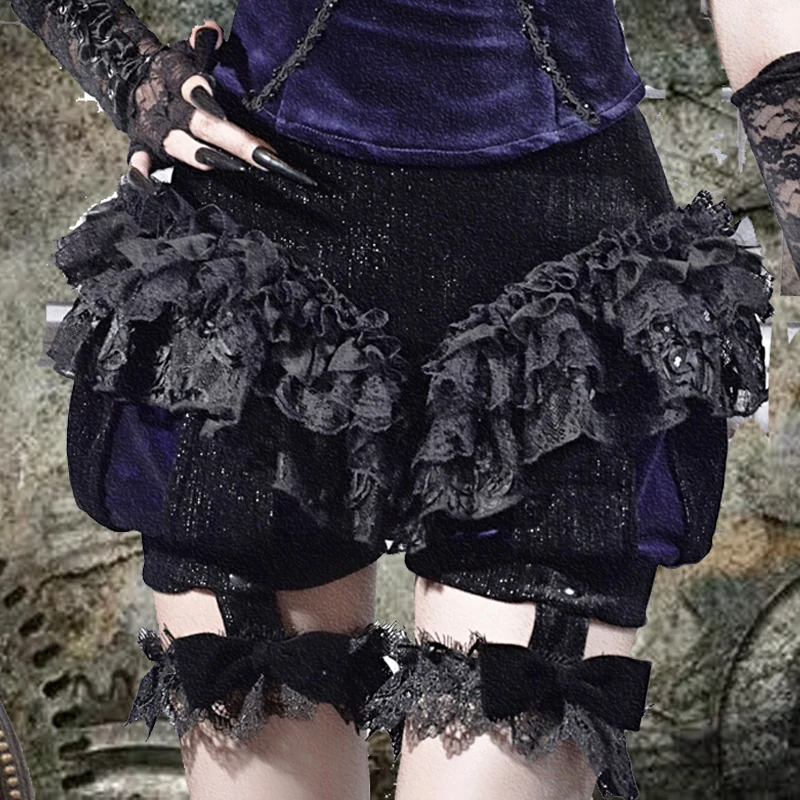2026 Punk Gothic style slim lace pumpkin skirt pants, women's strap shorts